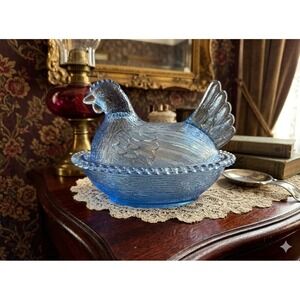 Vintage Blue Glass Hen on Nest Covered Candy Dish Farmhouse Decor Trinket Bowl